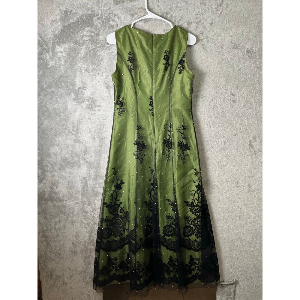 Vintage Y2k Green Dress Black Floral Overlay Beaded 90s Grunge Whimsy Fairy - Picture 3 of 5